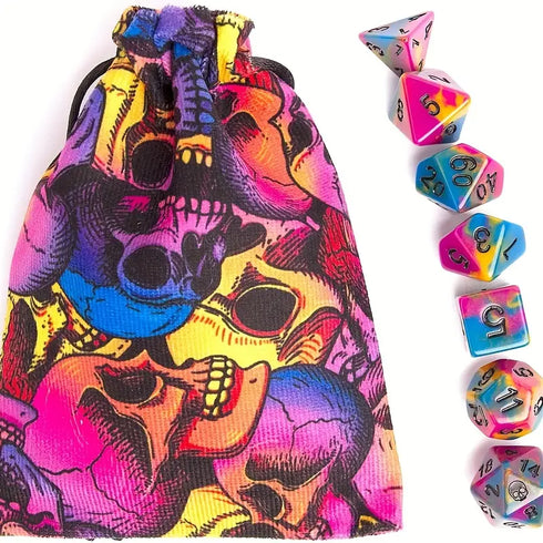 Rainbow Skull: 7x Mix 16mm Dice Set With Matching Drawstring Bag