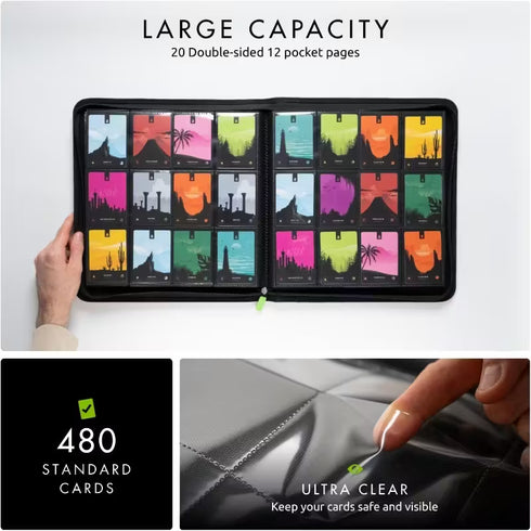 480 Side Loading Pocket Zip Binder - 12 Pocket Trading Card Album Folder