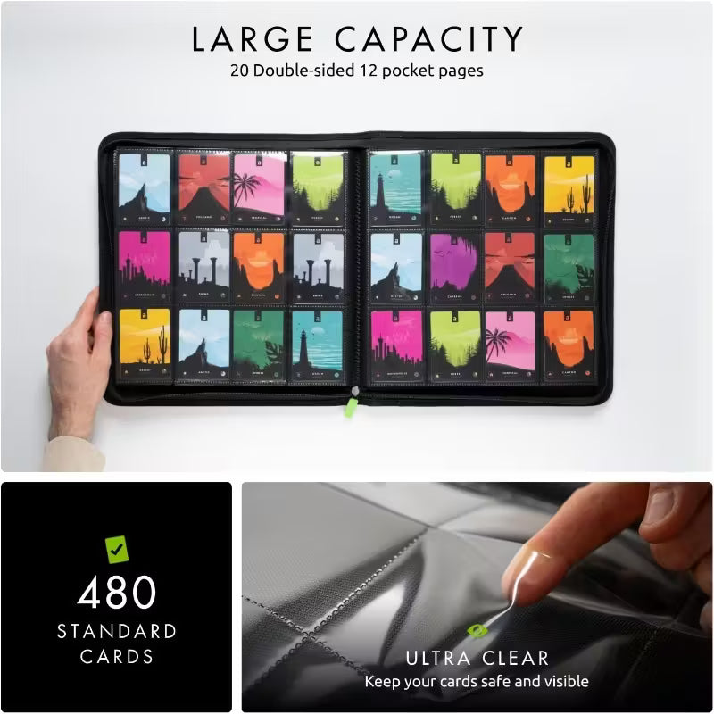480 Side Loading Pocket Zip Binder - 12 Pocket Trading Card Album Folder